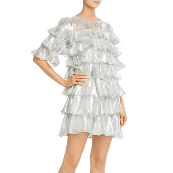 NEW Rebecca Taylor Shadow Lily Metallic Silver Silk
Ruffle Mini Dress Size 12 - Picture 15 of 15